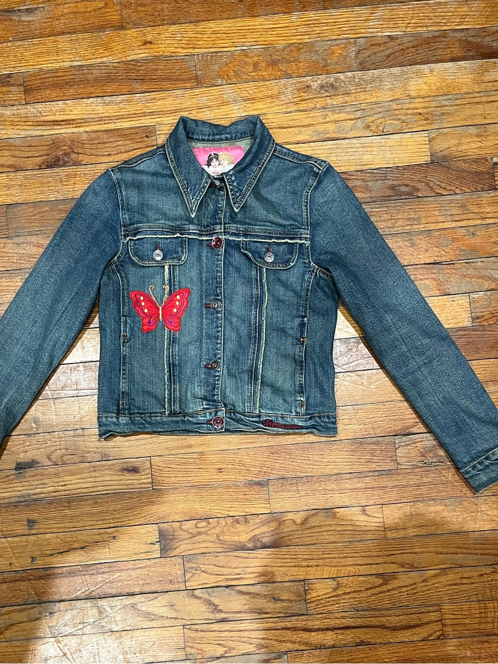 Fiorucci Blue Denim Jacket with Red Butterfly Patch